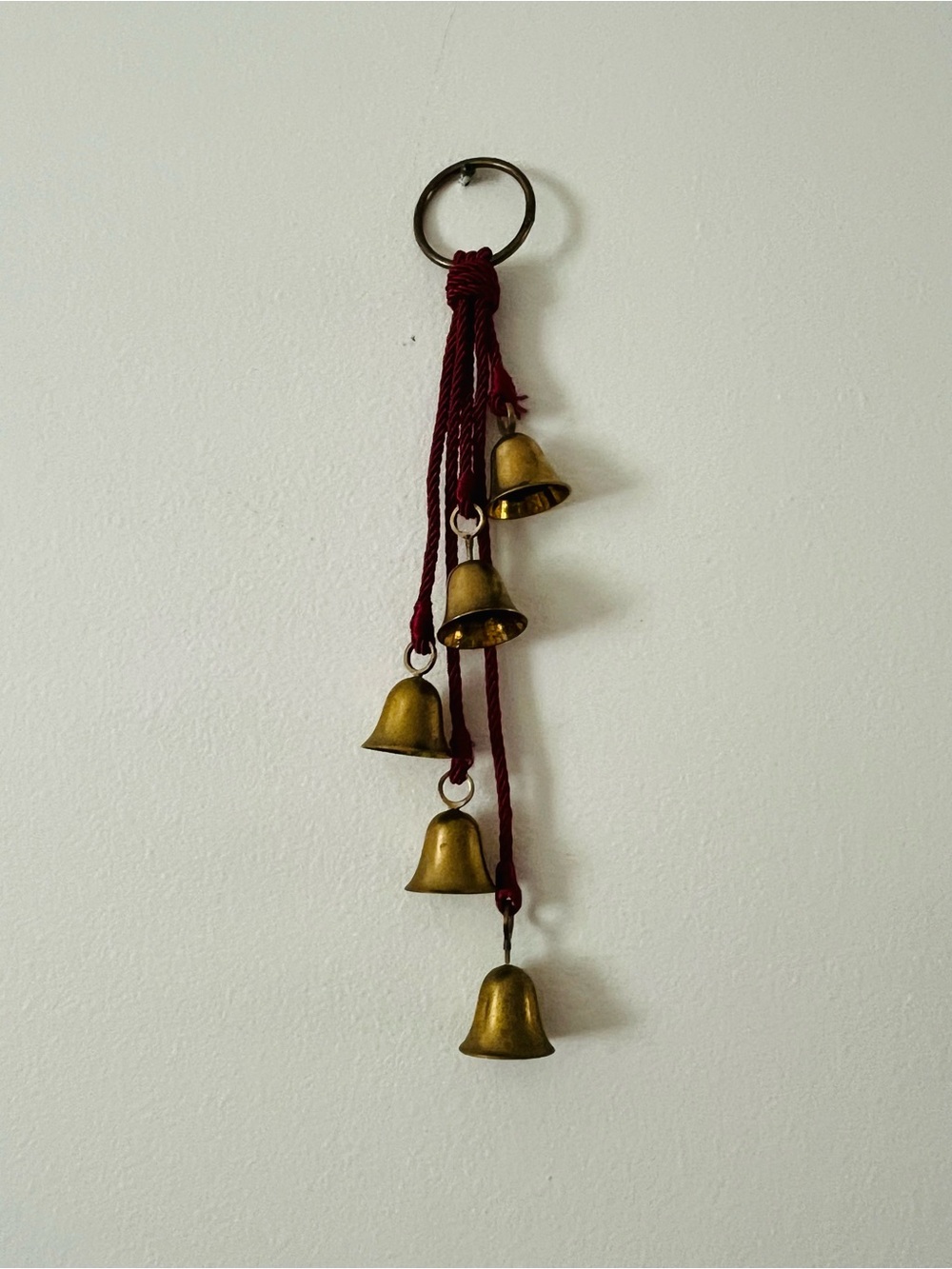 Decorative Brass Bells Hanging Accent with Burgundy Cord 22 Inches Long